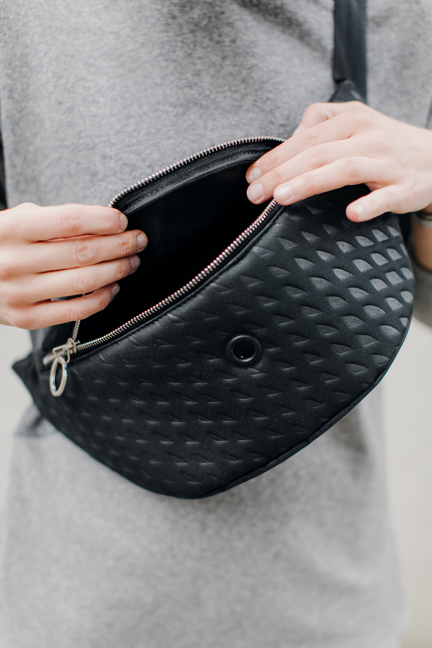 3D black hip bag. Black large hip bag for women made of 4mm tick foam with geometric 3d texture. Perfect gift for her.