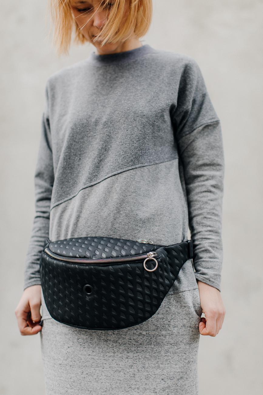 3D black hip bag. Black large hip bag for women made of 4mm tick foam with geometric 3d texture. Elegant and stylish.