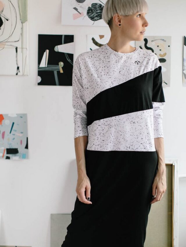 sukienka PRETO - Wygodna damska czarno biała sukienka, wykonana z materiału we autorskie wzory wyprodukowanej specjalnie dla Metr64 i Pulpa. Polski Handmade