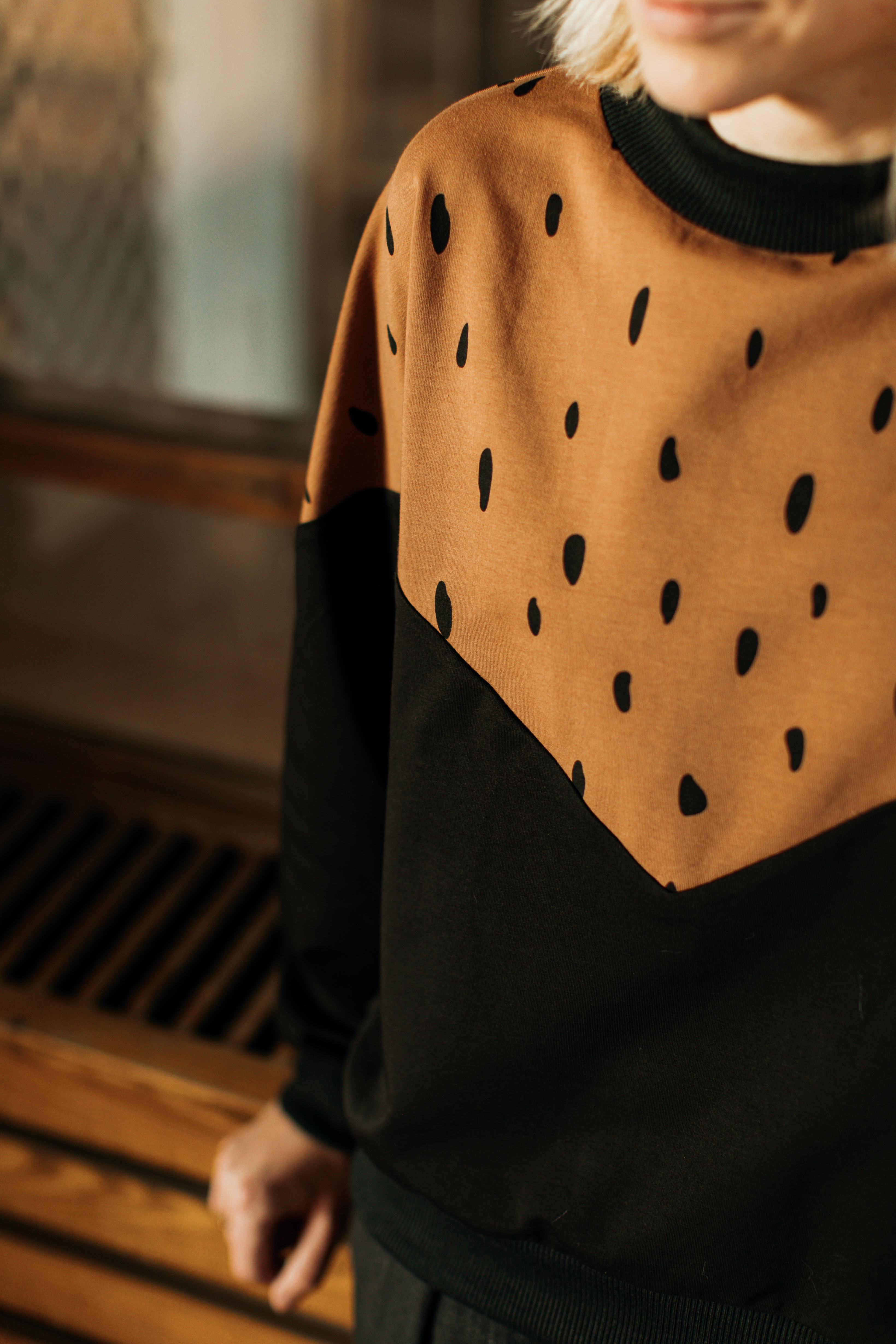 blouse DRUPEL, cotton, comfortable, original jumper, black and brown, handmade