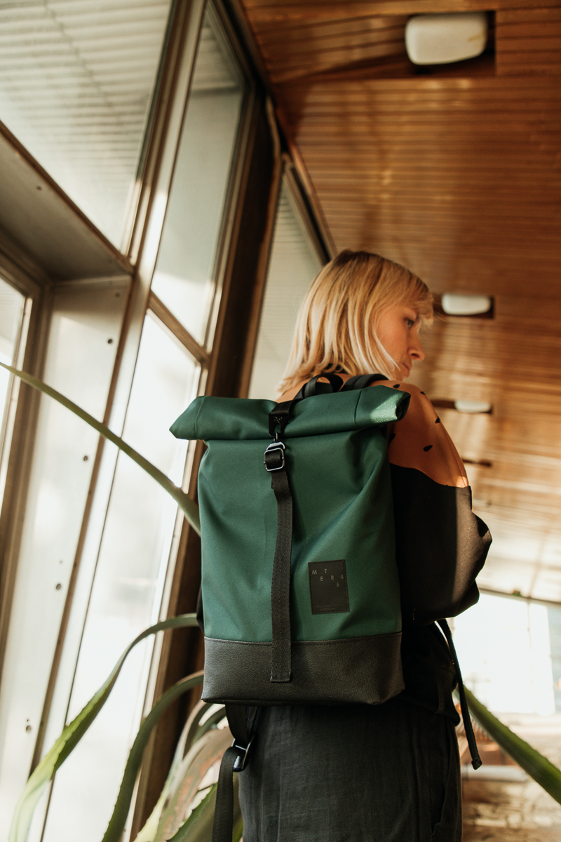 backpack GREEN, green bottle, pocket inside , comfortable, everyday use, unisex, for laptop, waterproof, handmade in poland with care.